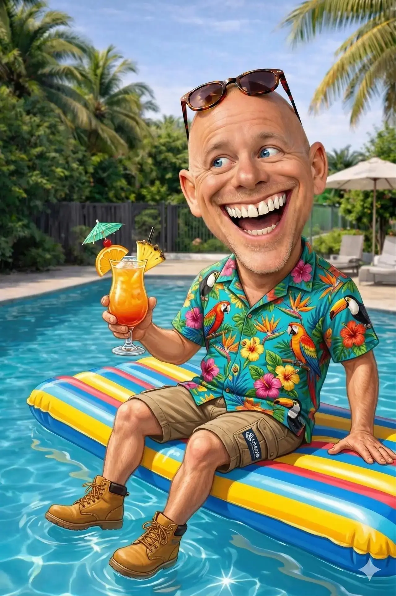 Pool Inspector G relaxing with a cocktail on a pool float