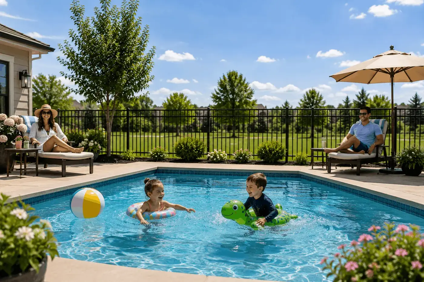 Children playing safely in a fenced backyard pool while parents relax nearby